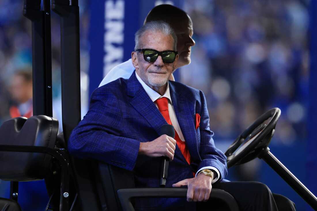 Irsay looks on during a Ring of Honor ceremony during halftime of a game at Indianapolis' Lucas Oil Stadium in October 2024.