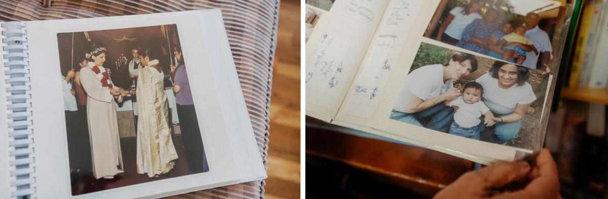 Photos from Ruth and Mona's wedding and of their son sit in their home office in Missoula, Mont.