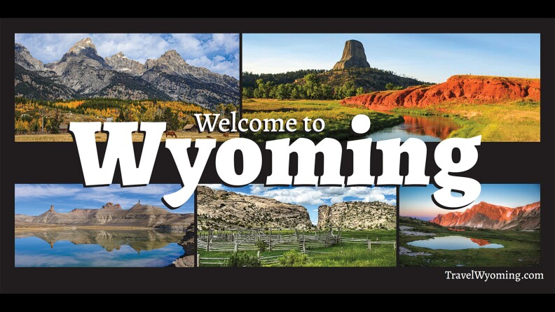 A sign that says “Welcome to Wyoming” in big white letters in the center, with five colorful landscapes in the background.
