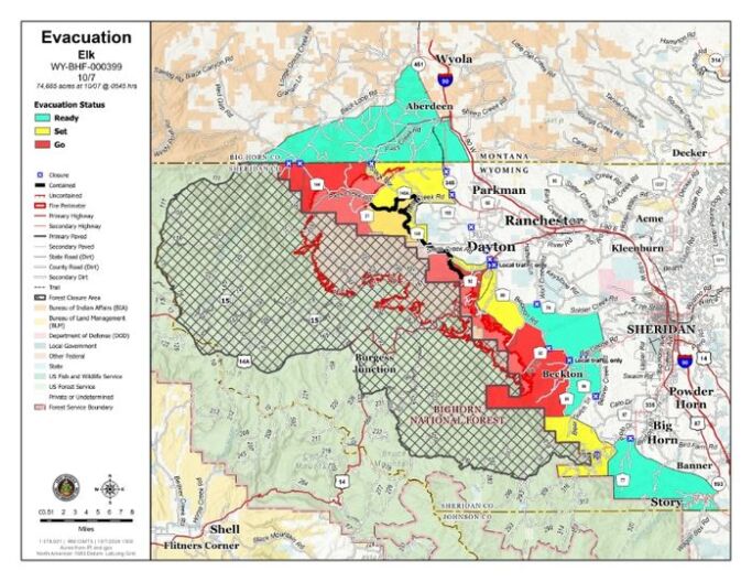 A map shows evacuation levels and designated closed areas around the Elk Fire as of Oct. 7, 2024.