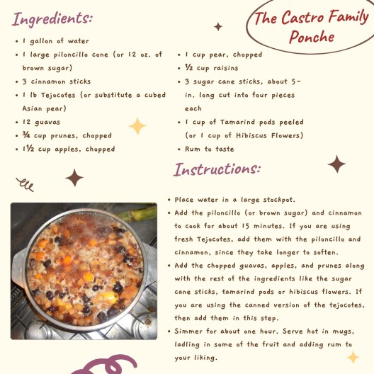 A graphic card that includes the recipe for ponche and a photo of a ponche bowl simmering on the stove.