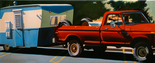 Robert Seabeck’s painting depicts a red pickup truck pulling a camper. He says this is the modern version of the covered wagon.