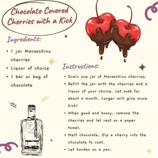 A graphic card that includes the recipe for chocolate covered cherries with illustrations of chocolate dipped cherries and bottle of booze.