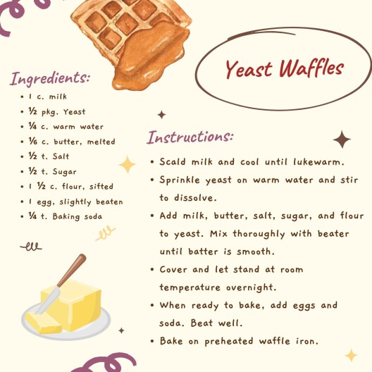 A graphic that includes the recipe for yeast waffles and illustrations of a waffle and a brick of butter with a knife.