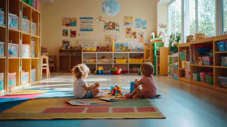 Two toddlers play with toys on a colorful carpet in a preschool