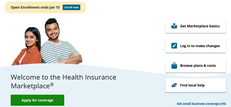 A screenshot from healthcare.gov. Two people stand back to back, smiling at the camera. Clickable buttons for "Apply for coverage" and "Get Marketplace basics," "Log in to make changes," "Browse plans & costs," and "Find local help" dot the page.