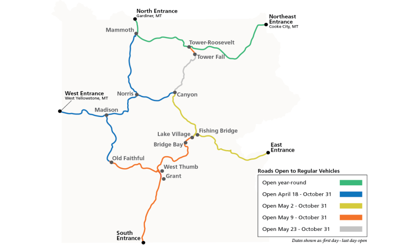 A roadmap of Yellowstone National Park shows anticipated opening dates of road segments.