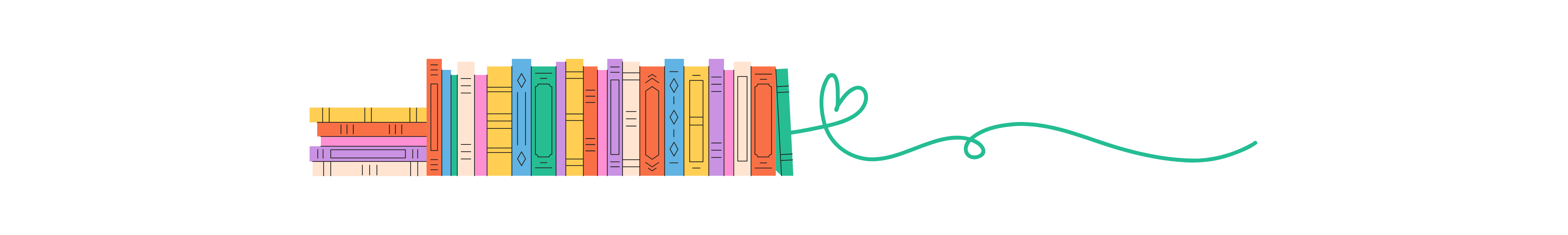A playful illustration of a row of colorful books.