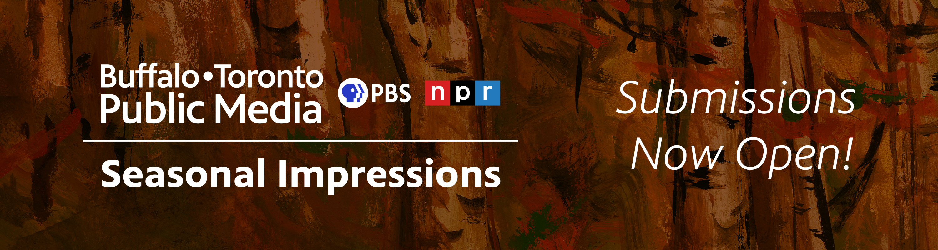 Background is fall foliage that looks painted with a brush. On the left: BTPM Season Impressions logo in white. On the right: SUBMISSIONS NOW OPEN! in thin white text