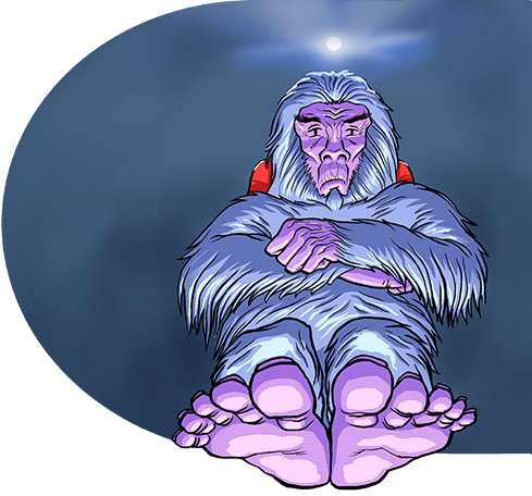 Sasquatch in a movie theater chair with a frown on its face and arms crossed.