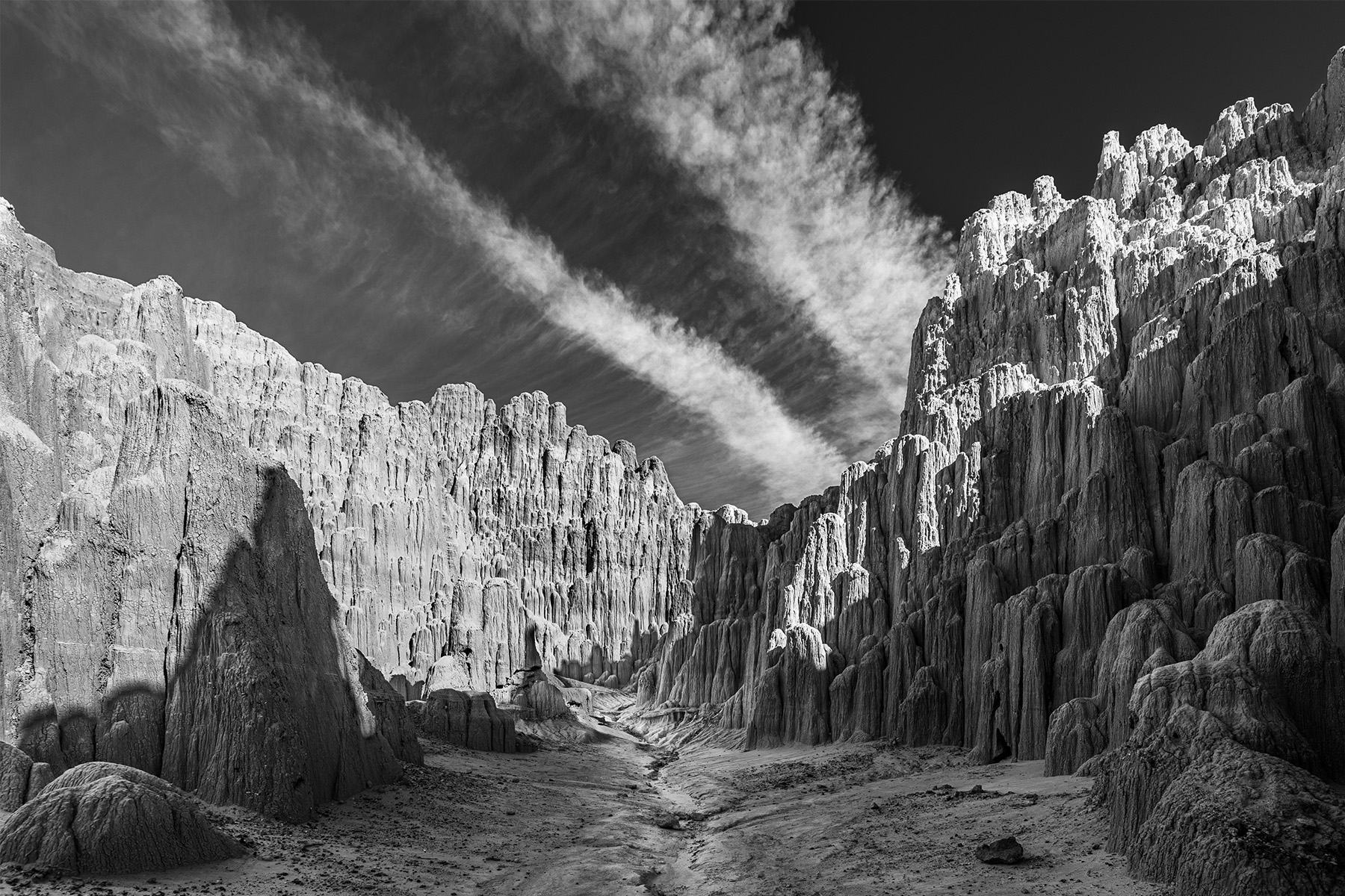 Cathedral Gorge State Park in black and white