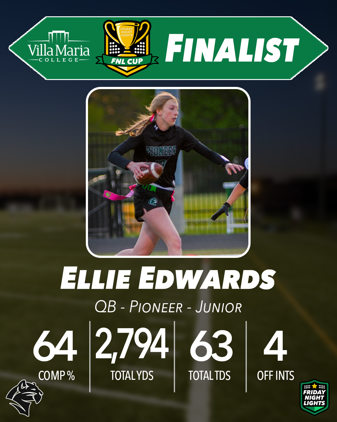 FNL Cup Finalist graphic with a photo of Ellie Edwards and her name and stats underneath. QB - Pioneer - Junior. 64 completion %, 2,794 total yards, 63 total TDs, 4 off ints