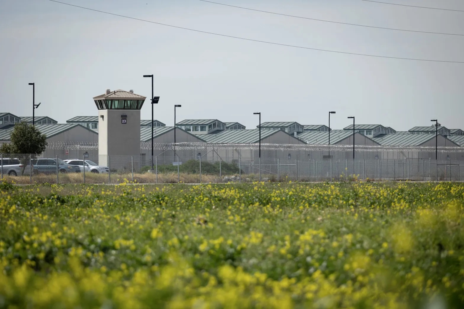 A guard tower at the California Health Care Facility prison in Stockton on March 2, 2022.