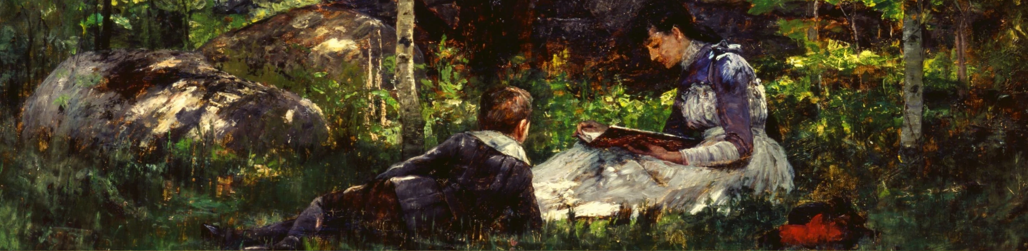 A painting titled A June Idyl Canvas by T.C. Steele is in the background. Two of his children are depicted sitting in a forest