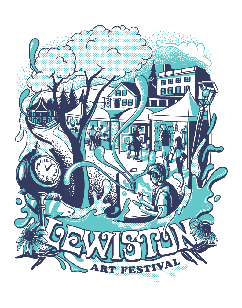 Lewiston Art Festival 2025 logo designed by Nathan Deganis-Librera. Different shades of blue with illustrations of a clock, trees, and people visiting street vendors