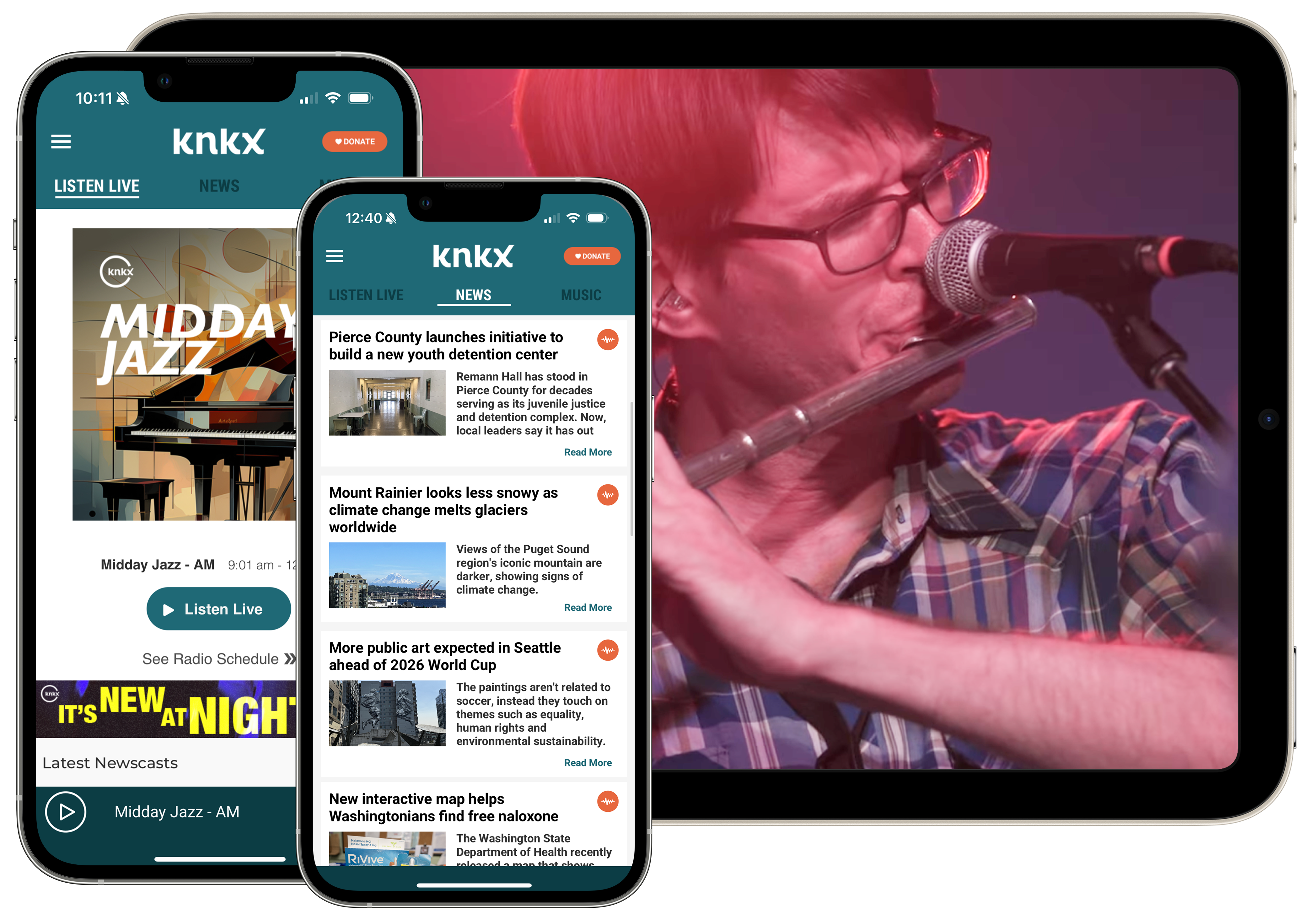 A smartphone with the KNKX app open. The audio player is visible