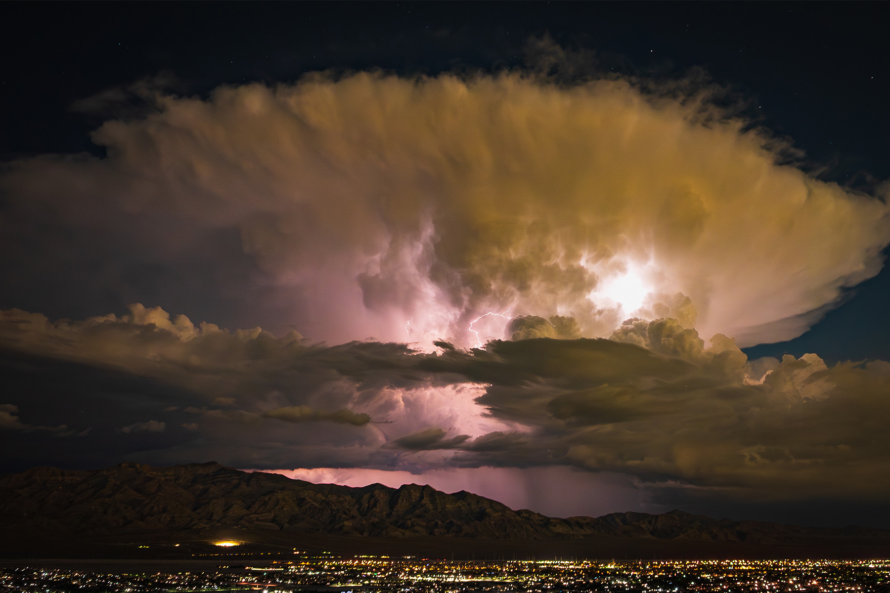 Lightning storm over the Las Vegas Valley, aerial drone shot.