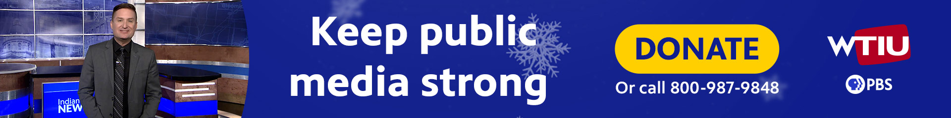 PBS Newshour — Keep public media strong, donate online or call 800-987-9848 — WTIU/PBS logo