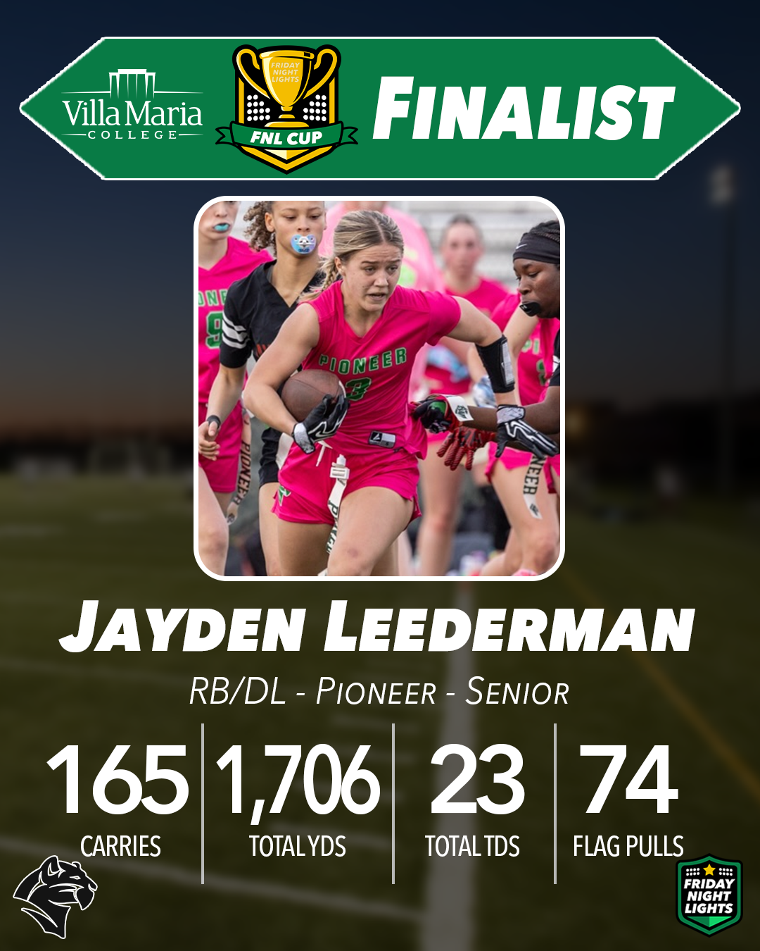 FNL Cup Finalist graphic with a photo of Jayden Leederman and her name and stats underneath. RB/DL - Pioneer - Senior. 165 carries, 1,706 total yds, 23 total TDs, 74 flag pulls