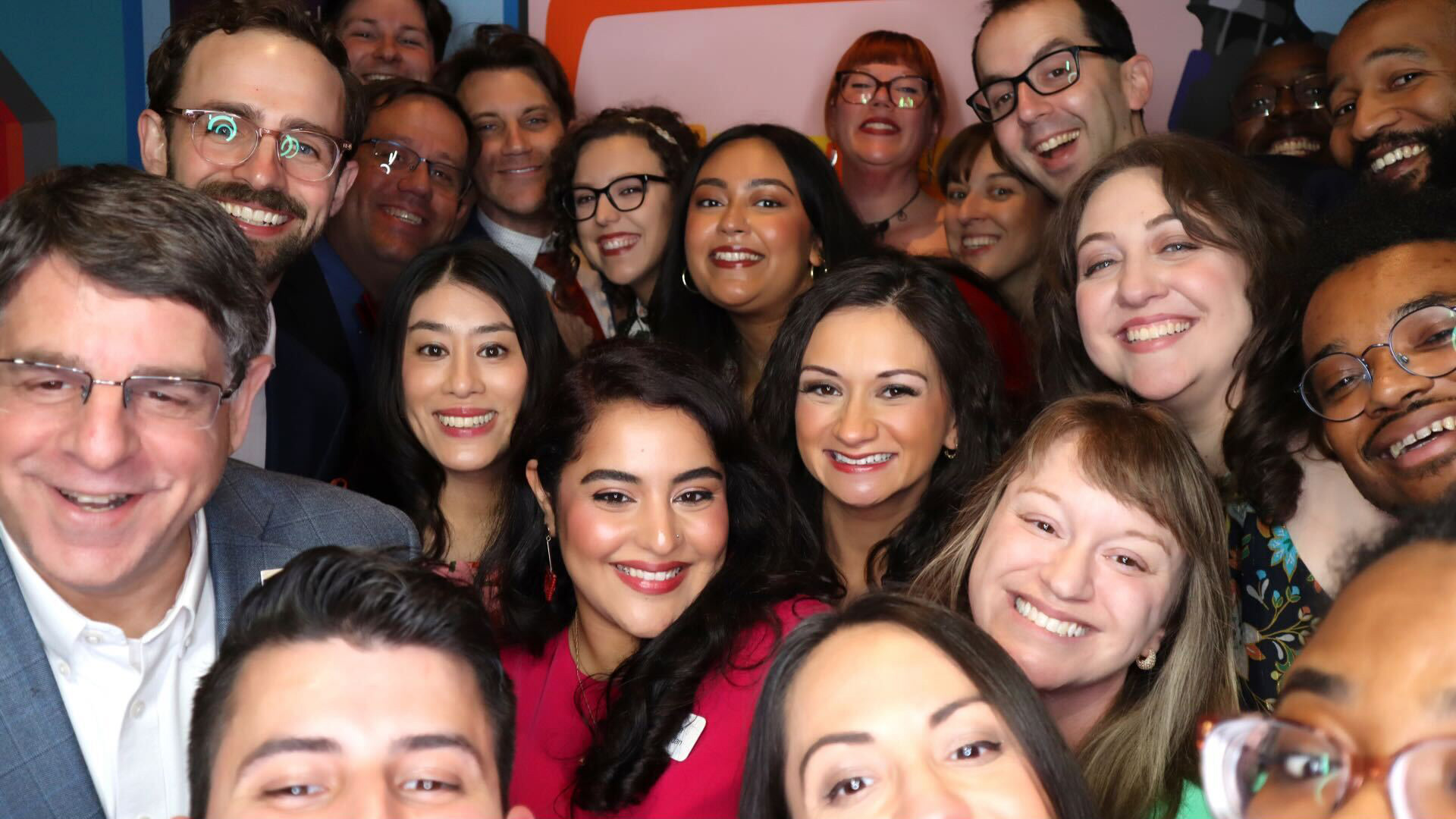 STLPR staff at the 2025 Hear the Future annual celebration. From left-to-right Fred Ehrlich, Brian Heffernan, Alex Hueur, Jonathan Ahl, Brian Munoz, The Indicator host Wailin Wong, Planet Money host Kenny Malone, Emily Woodbury, Lara Hamdan, Hiba Ahmad, Anisa Curtis, Abby Llorico, Cristina Fletes-Mach, Sarah Fentem, Jason Rosenbaum, Jess Luther, Sarah Kellogg, Rod Milam, Everis Clarke Jr., Chad Davis, and Marissanne Lewis-Thompson.