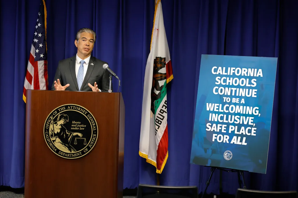 California Attorney General Rob Bonta addresses the media during a press conference at the California Department of Justice in Sacramento on Feb. 4, 2025. Photo by Fred Greaves, CalMatters