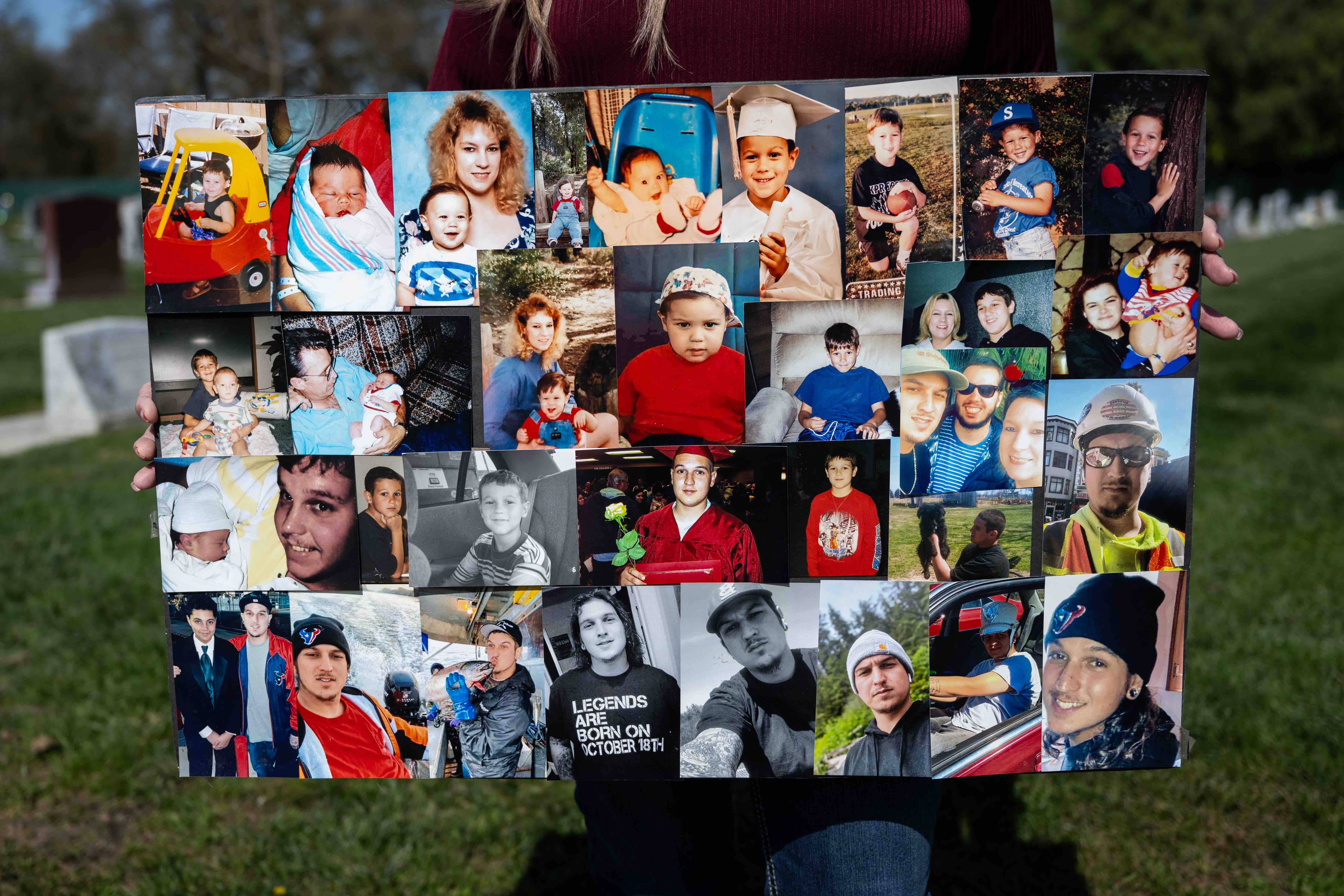 Karen Sutherland holds a photo collage of her son Shayne at Park View Cemetery, where he is buried, in Manteca, Calif., on Feb. 24, 2024.