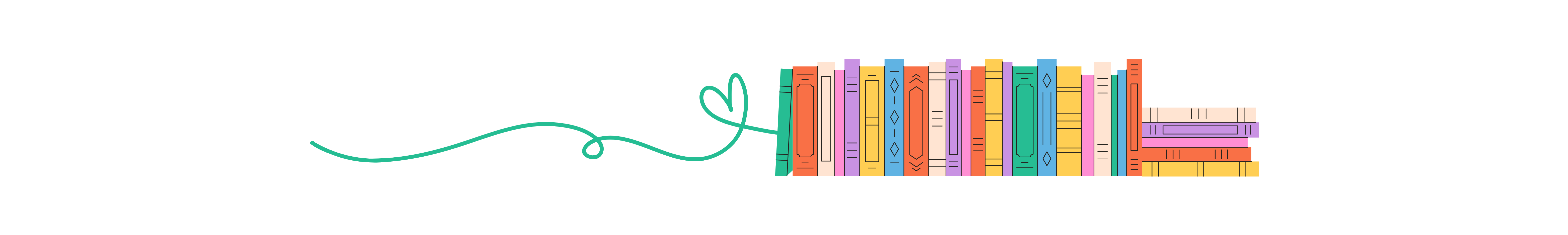 A playful illustration of a row of colorful books.