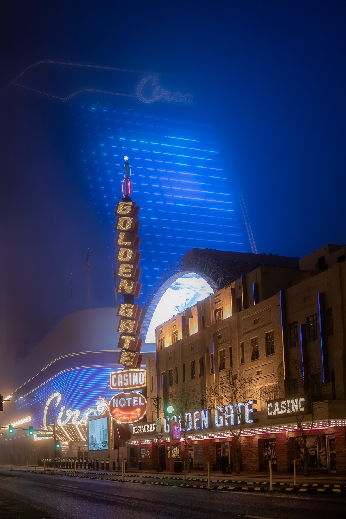 Fog rolling in on Fremont Street.