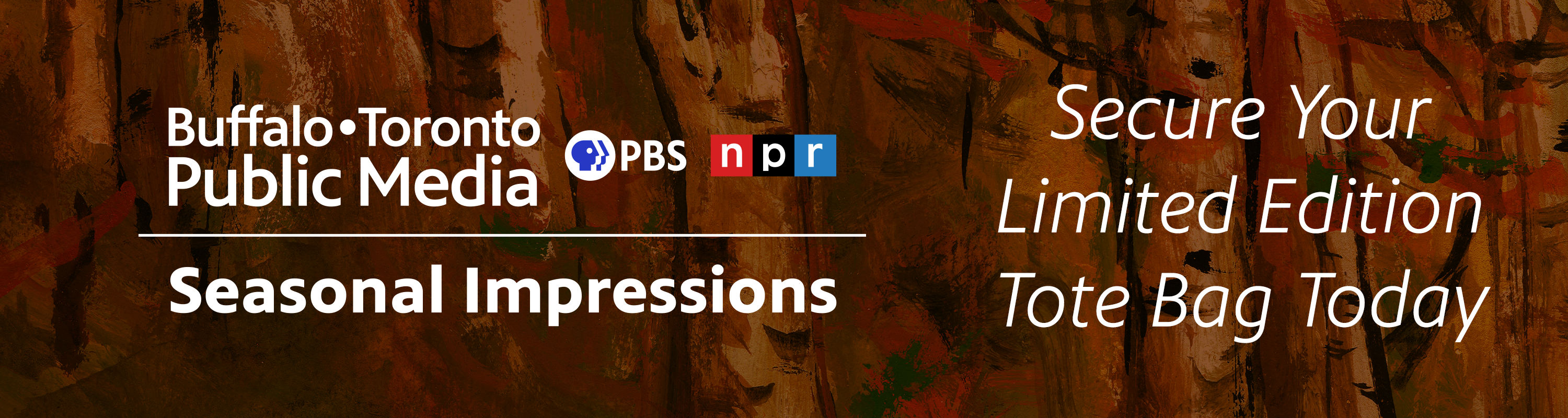 Background is fall foliage that looks painted with a brush. On the left: BTPM Season Impressions logo in white. On the right: Secure Your Limited Edition Tote Bag today in thin white text