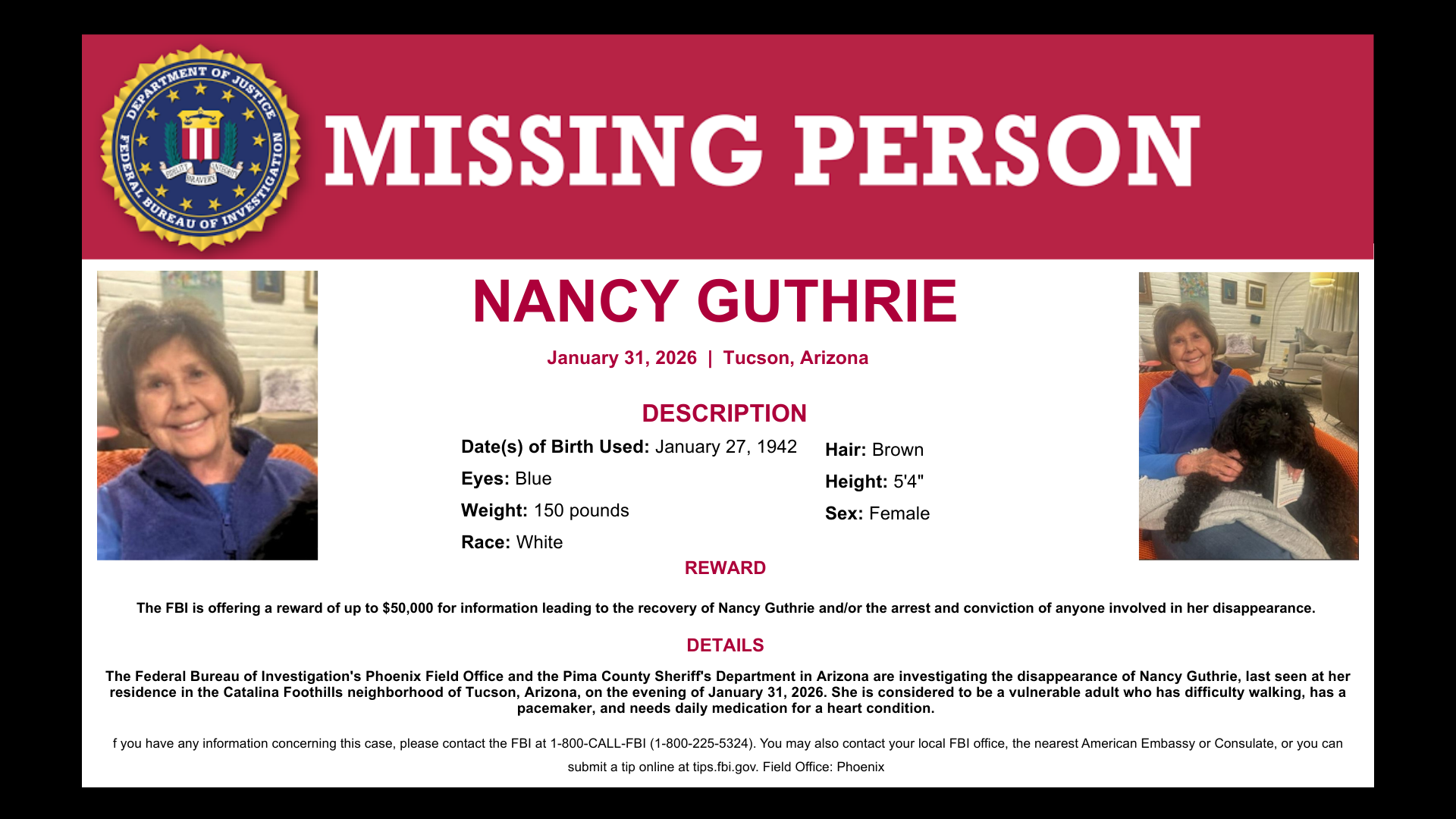 Still no suspect in Nancy Guthrie's disappearance in Arizona ...