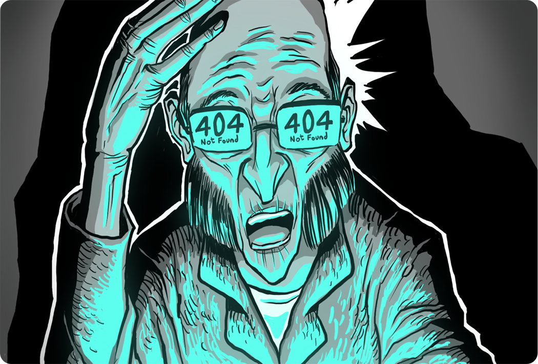 Scrooge holds his head and has a troubled expression on his face. A screen reflects text that reads 404 Not found on his glasses.