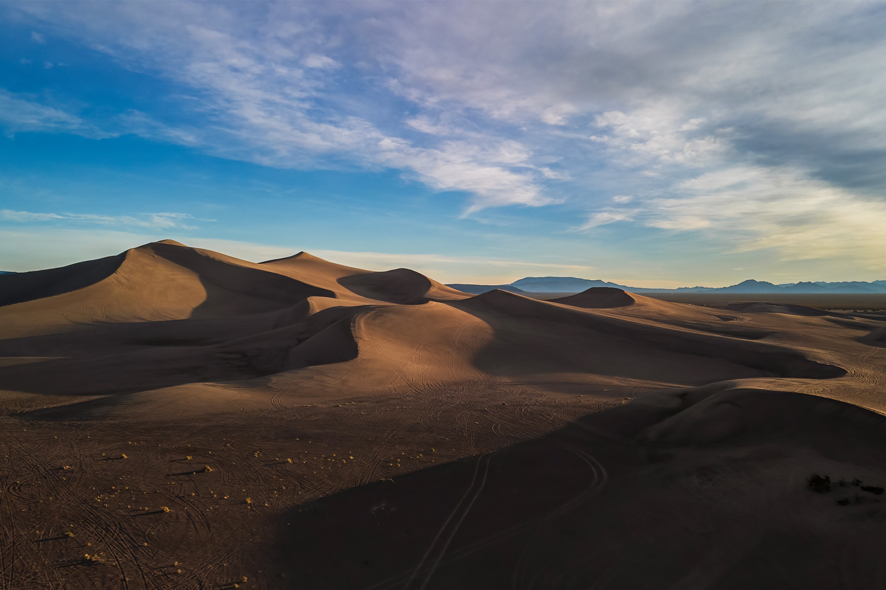 Aerial view of Amargosa Sand Dunes at sunrise.
