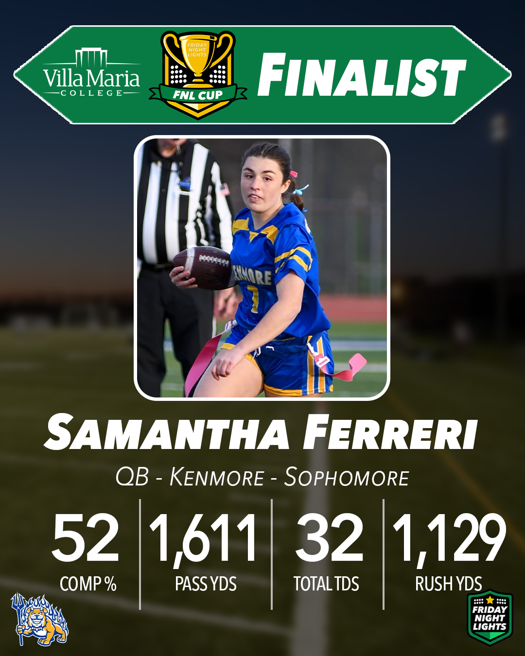 FNL Cup Finalist graphic with a photo of Samantha Ferreri and her name and stats underneath. QB - Kenmore - Sophomore. 52 completion %, 1,611 passing yds, 32 total TDs, 1,129 rush yds