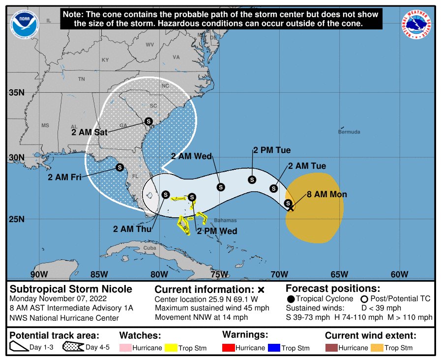Subtropical Storm Nicole 14th named storm of season, expected to