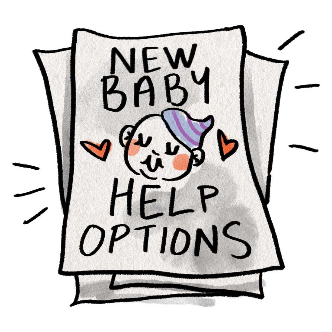 This illustration shows a stack of papers. The paper on top shows the face of a baby and says: "NEW BABY" and "HELP OPTIONS."