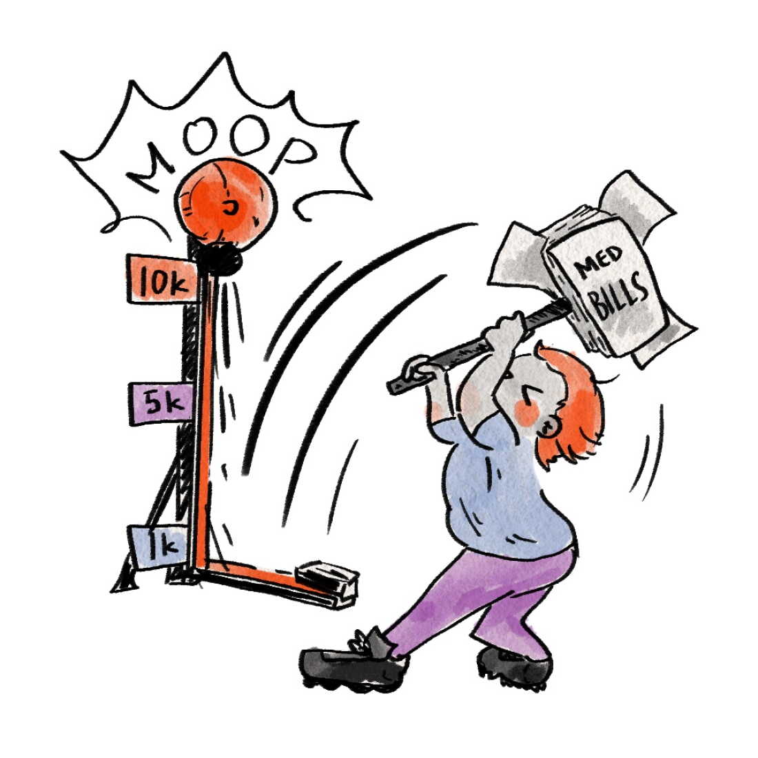 This illustration shows a person holding up a mallet that says "MED BILLS" on it. The person is preparing to whack it down on a scale labeled "MOOP" that rises from 1K to 5K to 10K. "MOOP" is a health insurance term that stands for "maximum out-of-pocket" expense.