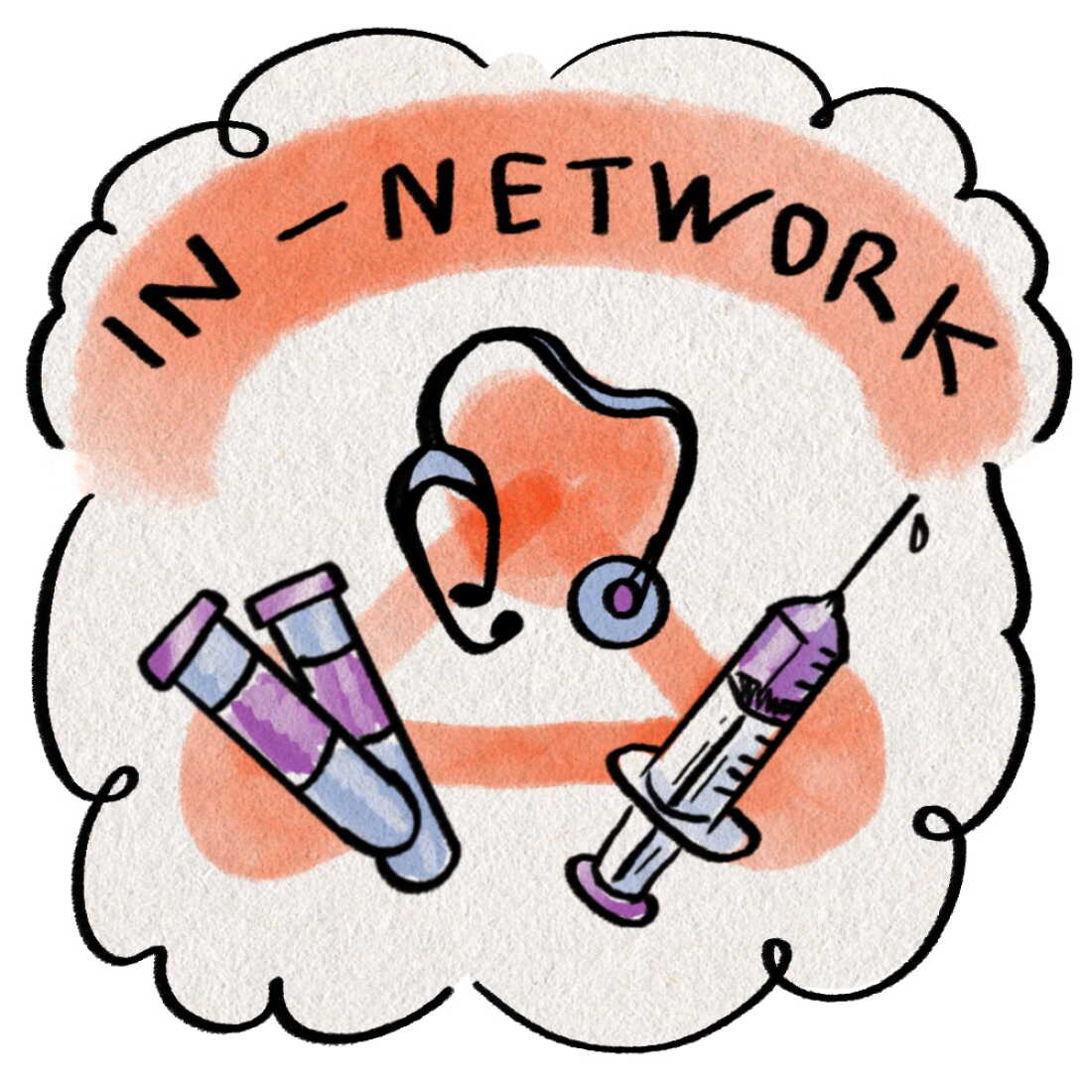 This illustration shows a stethoscope, a syringe and two test tubes, all with the term "IN-NETWORK" above them.