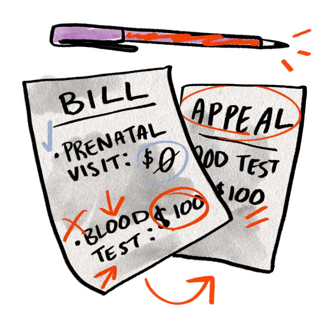 This illustration shows two papers and a pen above them. One paper says "BILL" at the top and shows two medical charges, along with arrows, a check mark and an X written on the bill, to indicate that a person was checking the bill. The second paper says "APPEAL" at the top and represents an appeal of a medical bill.