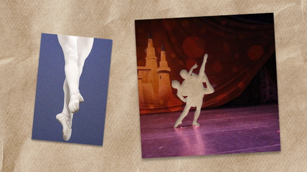 A collage of two photos showing a male ballet dancer's feet and legs during performance and a photo of Busch and a female dance partner performing at Interlochen but their figures have been cut out from the photo.