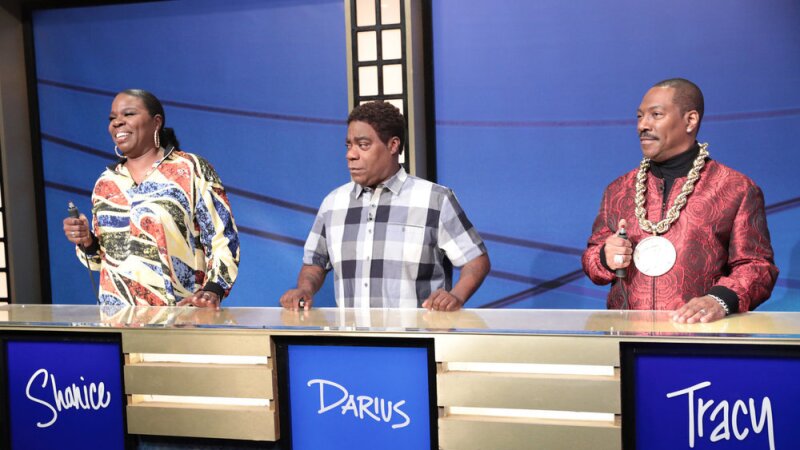 Leslie Jones, Tracy Morgan and Eddie Murphy during the “Black Jeopardy” sketch on SNL50: The Anniversary Special.