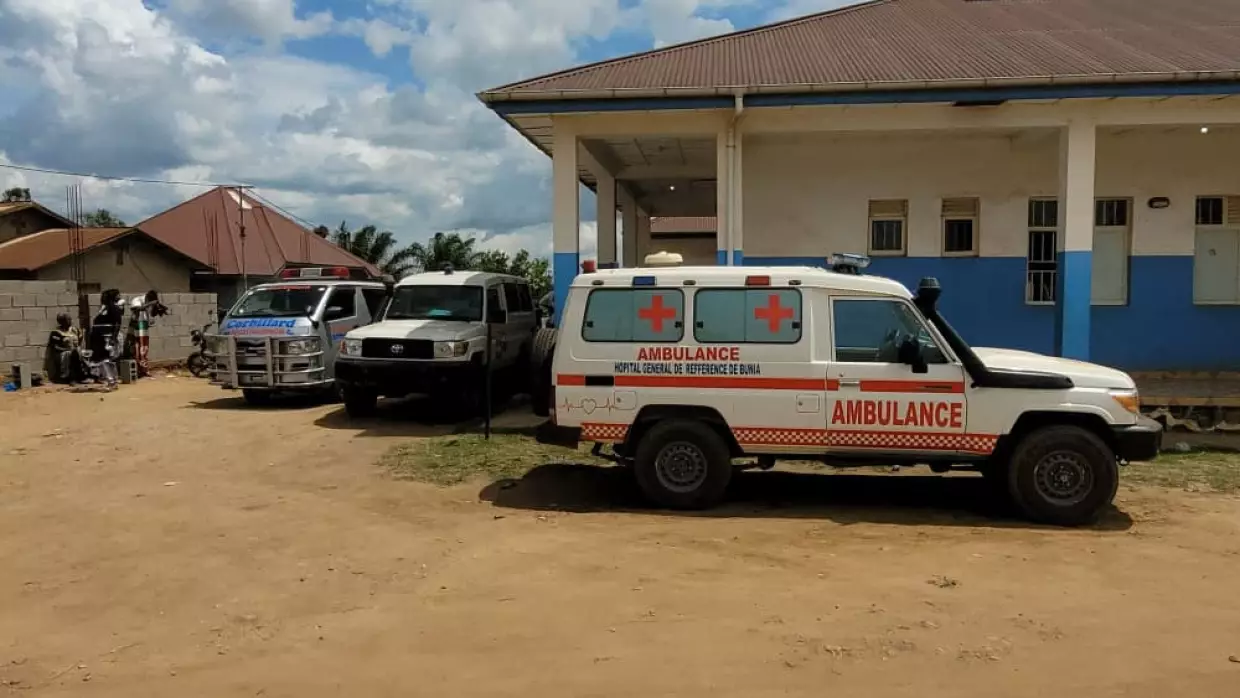 Ambulances are parked outside a hospital in Bunia, Congo, Saturday, May 16, 2026.