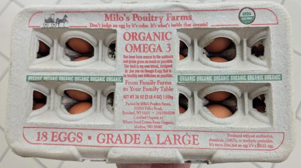 Eggs branded Milo's Poultry Farms, pictured above, and Tony's Fresh Market were recalled after being linked to a salmonella outbreak.