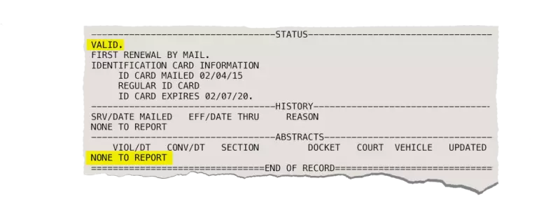 A digital copy of a California Department of Motor Vehicles driver record for Ricardo Aguilar. His status is marked “VALID,” with no violations or convictions reported. Image via The California Department of Motor Vehicles