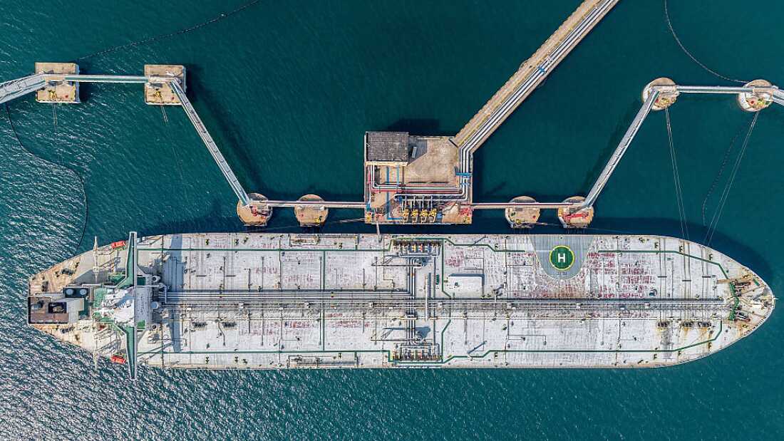 A oil tanker is docked unloading crude oil at the port in Qingdao, in China's eastern Shandong province, on March 25, 2026.