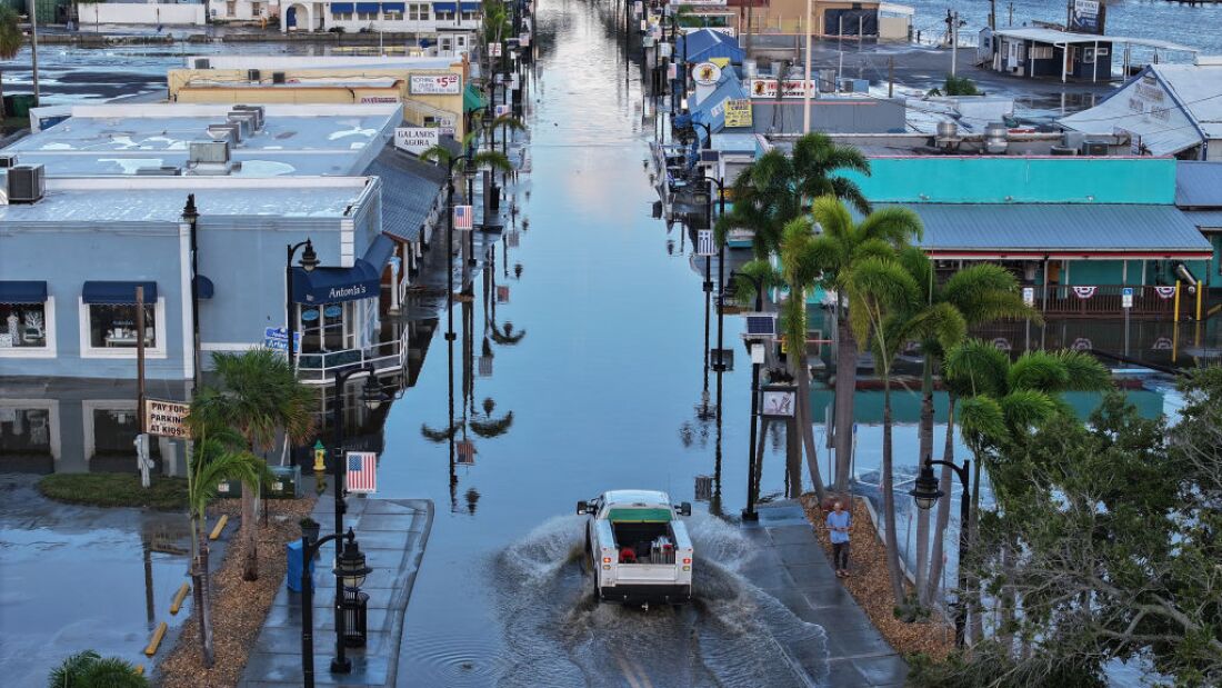 Flood waters inundated the main street in Tarpon Springs, Florida after Hurricane Helene passed offshore. A new study finds that Helene was more powerful, rainier, and significantly more likely because of climate change.
