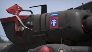 The insignia of the 82nd Airborne Division of the U.S. Army is seen in June 2025 on a U.S. Army AH-64E Apache helicopter at Joint Base AndrewsMd.before a military parade commemorating the Army's 250th anniversary.