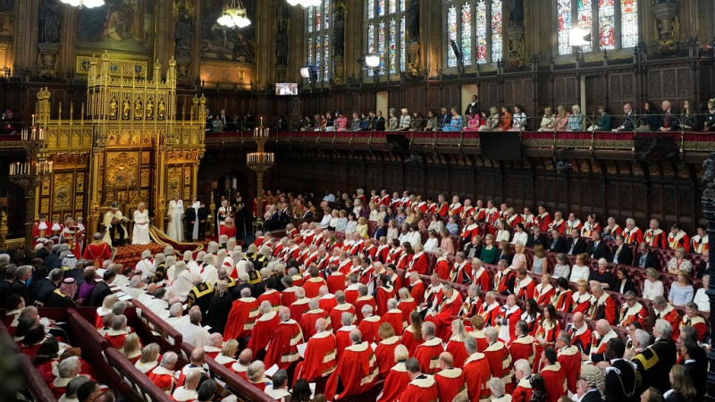 King Charles III reads the King's Speech in July 2024 as Queen Camilla sits beside him during the State Opening of Parliament in the House of Lords in London.