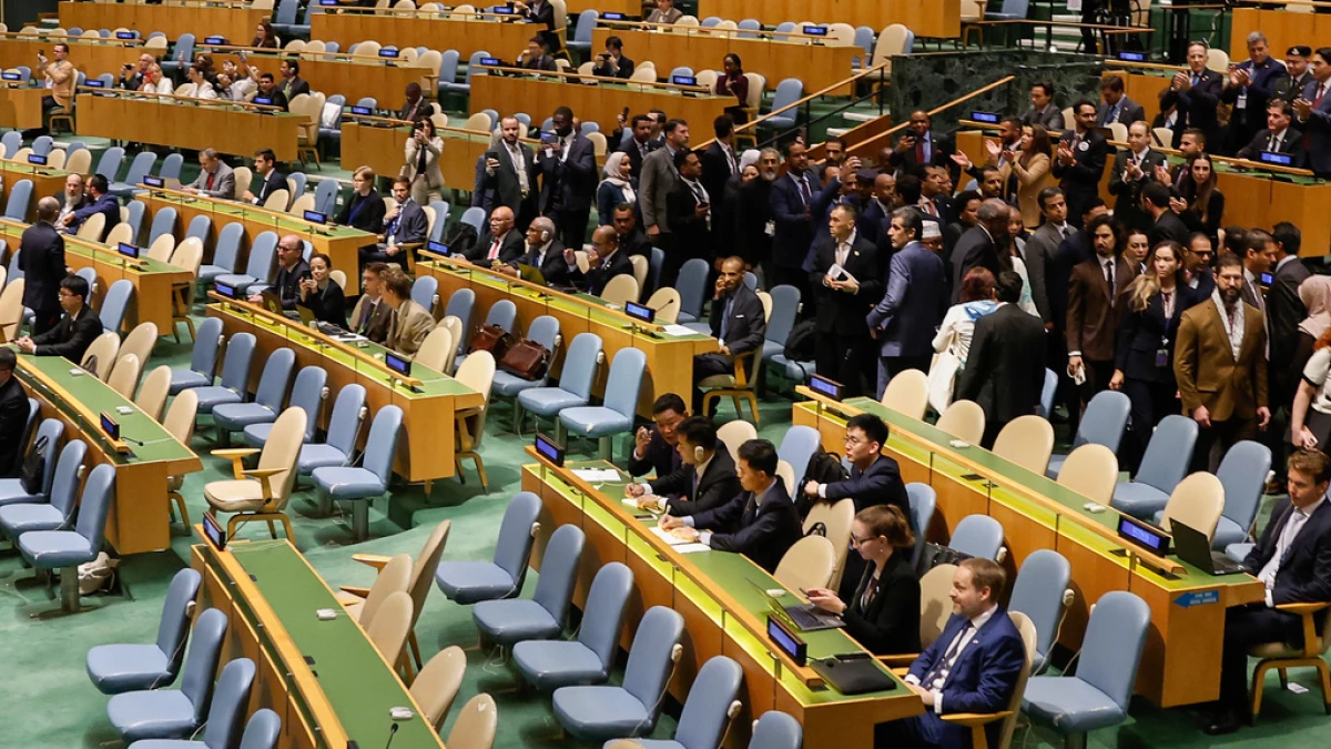 Delegates leave the General Assembly hall Friday as Israeli Prime Minister Benjamin Netanyahu steps up to the podium to speak at the 80th session of the United Nations General Assembly.