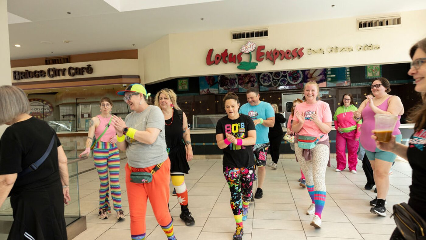 This flashy group of Portland mall-walkers puts neon pep into step