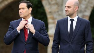 US Secretary of State Marco Rubio (L) and France's Foreign Affairs Minister Jean-Noel Barrot pose for a family photo during a G7 Foreign Ministers' meeting at the Vaux-de-Cernay Abbey in Cernay-la-Ville outside Paris, on March 27, 2026.